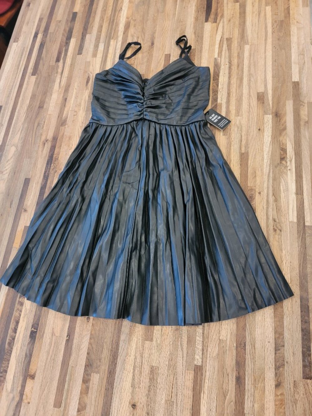 Express Faux Leather V-Neck Pleated Fit And Flare Mini Little Black Dress. - Picture 8 of 15